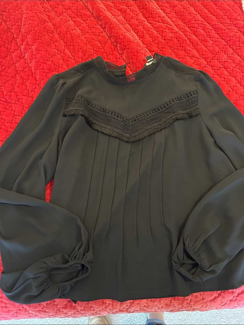 Ann Taylor Black Lace Yoke Pintuck Blouse